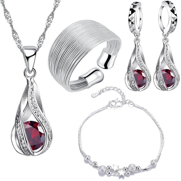 Jewelry - ❤️ 925 Sterling Silver Bracelet Earrings Necklace And Ring Adjustable Set Drop